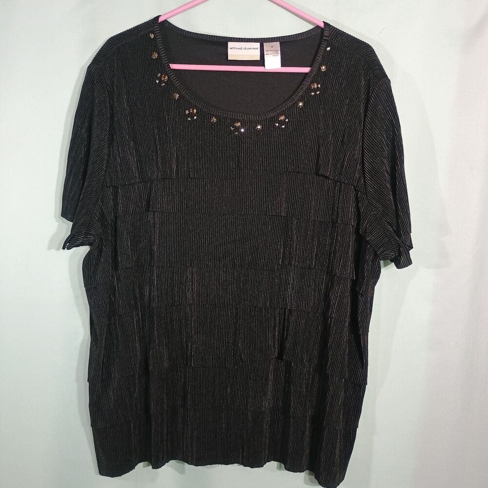 Alfred Dunner Women’s Black Shimmer Top – Embellished Scoop Neck Short Sleeve